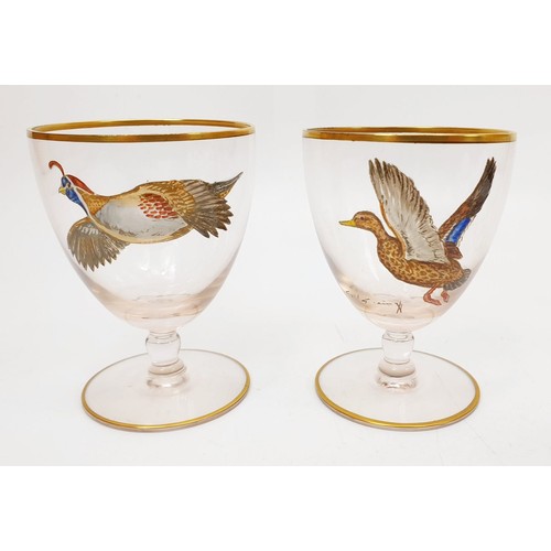 129 - Cyril Gorainoff: six vintage glass goblets each hand painted with a game bird, five signed, one glas... 