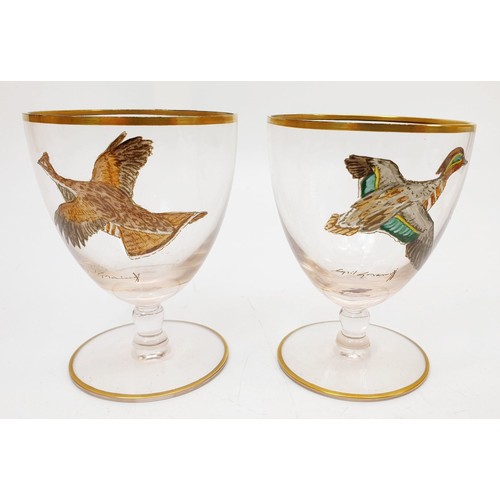 129 - Cyril Gorainoff: six vintage glass goblets each hand painted with a game bird, five signed, one glas... 