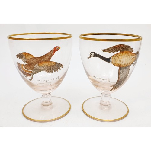 129 - Cyril Gorainoff: six vintage glass goblets each hand painted with a game bird, five signed, one glas... 