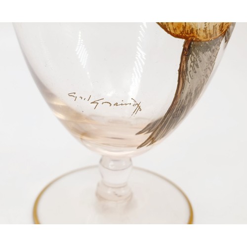 129 - Cyril Gorainoff: six vintage glass goblets each hand painted with a game bird, five signed, one glas... 