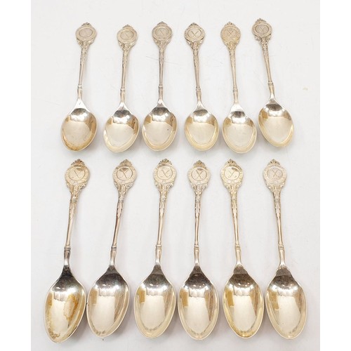 144 - Twelve hallmarked silver spoons for West End Golf Club, Sheffield 1958, 157g. UK shipping £14.