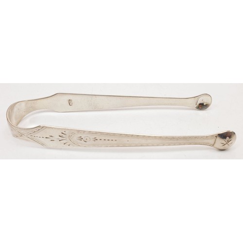 155 - Six bright cut teaspoons and tongs, London 1799, 1809 and 1812, 131g. UK shipping £14.