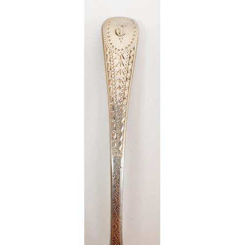 155 - Six bright cut teaspoons and tongs, London 1799, 1809 and 1812, 131g. UK shipping £14.