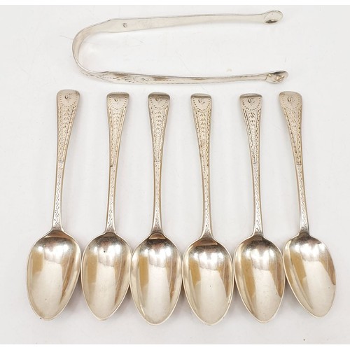 155 - Six bright cut teaspoons and tongs, London 1799, 1809 and 1812, 131g. UK shipping £14.