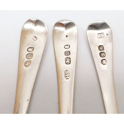 155 - Six bright cut teaspoons and tongs, London 1799, 1809 and 1812, 131g. UK shipping £14.