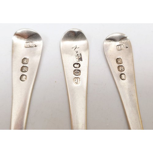 155 - Six bright cut teaspoons and tongs, London 1799, 1809 and 1812, 131g. UK shipping £14.