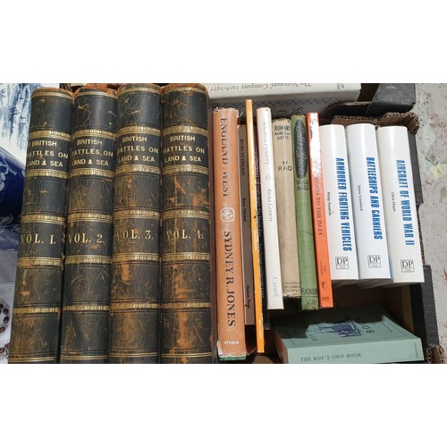 16 - Two boxes of antique and later books including a half leather bound four volume set British Battles ... 