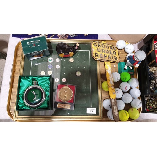 24 - A selection of golfing items including a vintage Ground Under Repair sign. UK shipping £14.