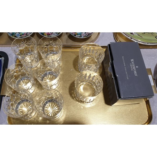 47 - A set of six cut crystal whiskey tumblers together with a boxed pair of Waterford crystal whiskey tu... 