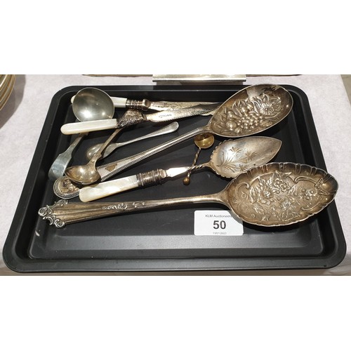 50 - A selection of flatware including hallmarked silver collared knives with mother of pearl handles and... 