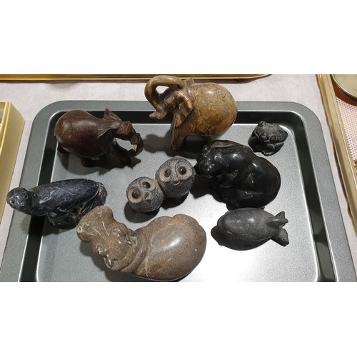 65 - Eight hardstone and other model animals, the hippopotamus A/F. No shipping. Arrange collection or yo... 