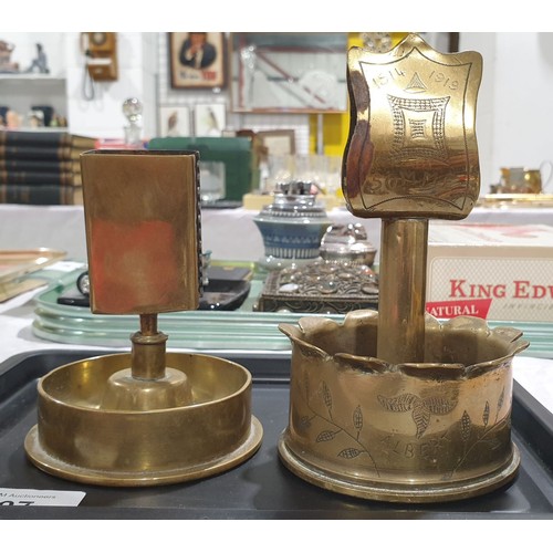 97 - Two brass matchbox holders ashtrays made from brass shell casings, one dated 1916 and the other 1903... 