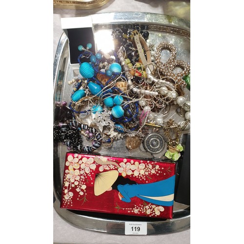 119 - A selection of costume jewellery and a jewellery box. UK shipping £14.