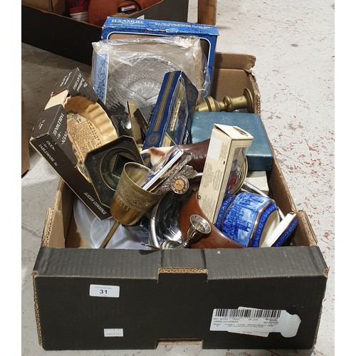 31 - A box of metal ware and assorted. No shipping. Arrange collection or your own packer and shipper, pl... 