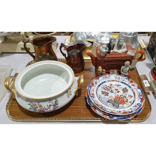 44 - Three antique Imari pallet plates, a novelty Tennant's Auctioneers teapot and other ceramics. No shi... 