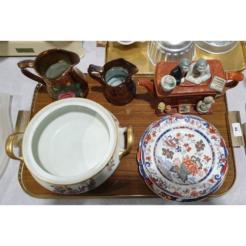 44 - Three antique Imari pallet plates, a novelty Tennant's Auctioneers teapot and other ceramics. No shi... 