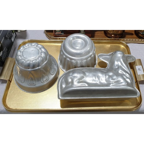 47 - Three vintage aluminium food moulds including a lamb. UK shipping £14.