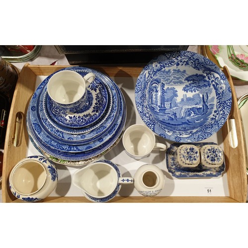 51 - A selection of blue and white ceramics including Copeland Spode 