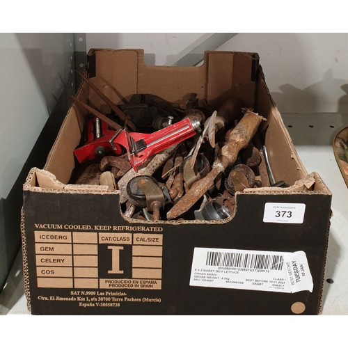 373 - A box of tools and castors. No shipping. Arrange collection or your own packer and shipper, please.