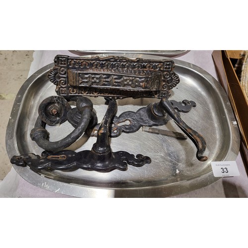 33 - Vintage cast iron door handles, letter flap and door knocker. UK shipping £14.