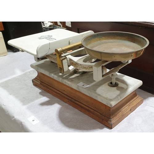 5 - A set of antique J. White & Son scales, with white ceramic bed, central brass handle, marble and oak... 