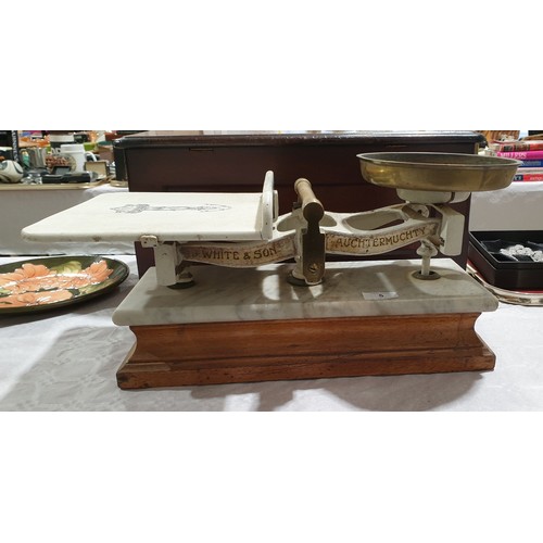 5 - A set of antique J. White & Son scales, with white ceramic bed, central brass handle, marble and oak... 