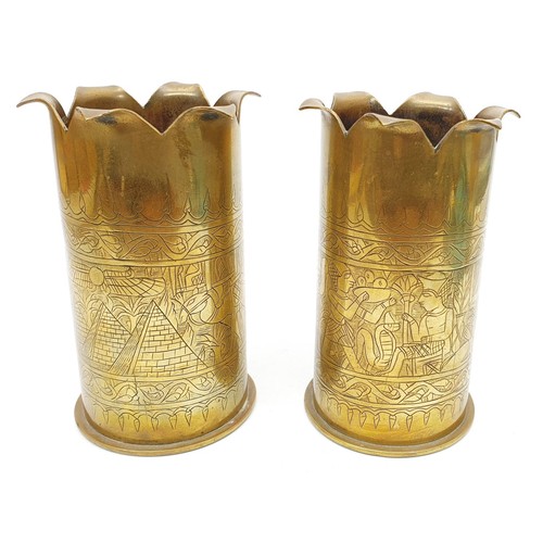 27 - Two WWI German trench art shell cases dated 1914 and 1916, each decorated with Egyptian scenes of ph... 