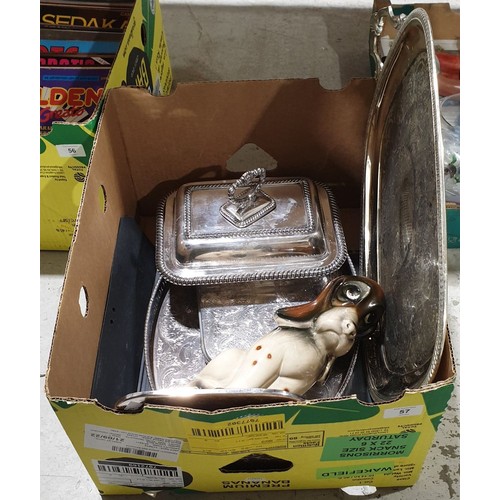 57 - A box of metal ware. No shipping. Arrange collection or your own packer and shipper, please.