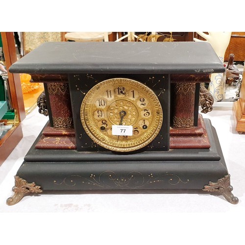 77 - A wooden reproduction slate style clock with mechanical movement, width 13