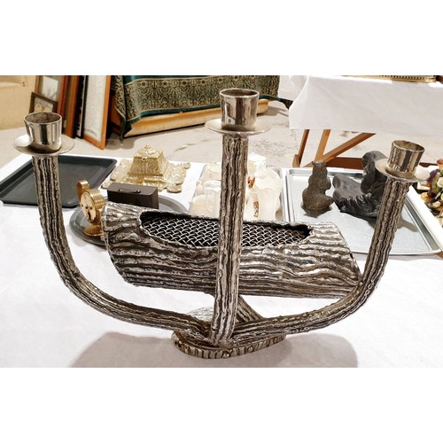 92 - An unusual silver plated candle and flower holder in the form of a log and branches, height 12.5