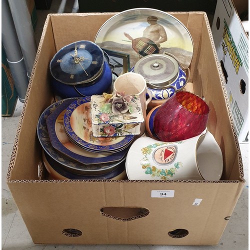 94 - A box of ceramics including a Wade jug. No shipping. Arrange collection or your own packer and shipp... 