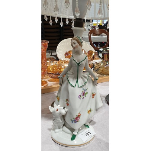 103 - A vintage ceramic table lamp modelled in the form of a lady and her dog, height 17