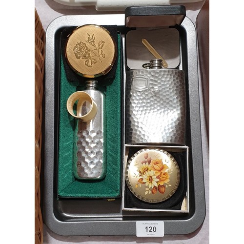 120 - A Stratton compact, one other compact, hip flasks and assorted. UK shipping £14.