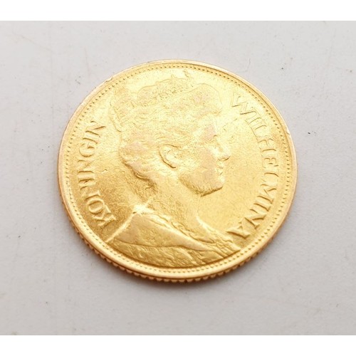 388 - A scarce 1912 Dutch gold five Guilders Wilhelmina coin, weight 3.3g. UK shipping £14.