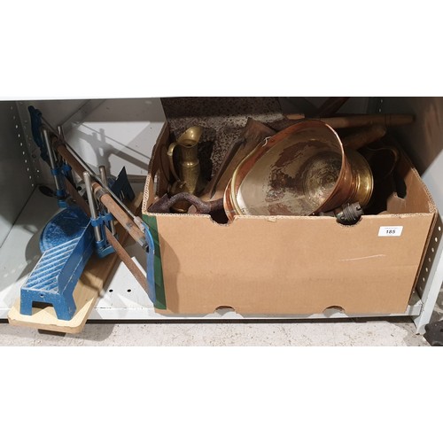 185 - A box of metal ware and a mitre saw. No shipping. Arrange collection or your own packer and shipper,... 