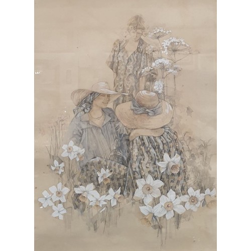 252 - Sarah Bowman: a watercolour drawing depicting ladies in a garden, signed lower right, 20