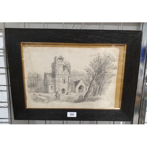 254 - A. J. Munnings: a signed pencil drawing of a church with figures, 10