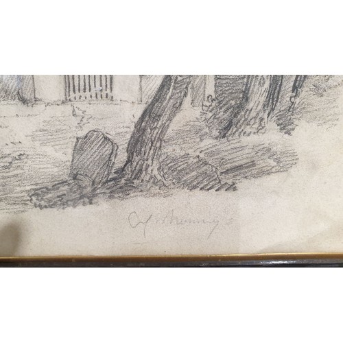 254 - A. J. Munnings: a signed pencil drawing of a church with figures, 10