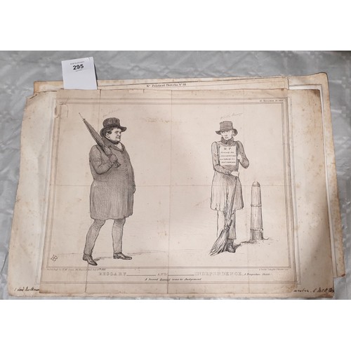 295 - Six 19th century political cartoons, two having collector's stamps, the largest 12