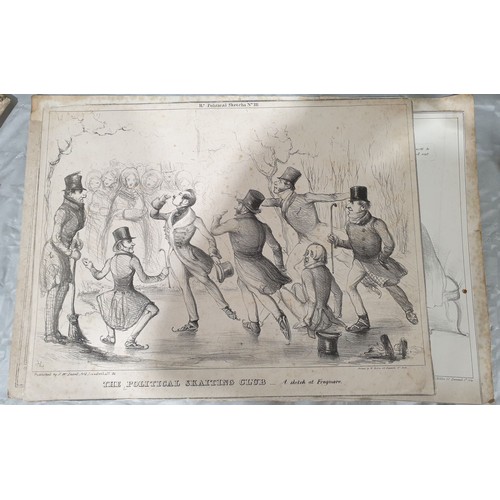 295 - Six 19th century political cartoons, two having collector's stamps, the largest 12