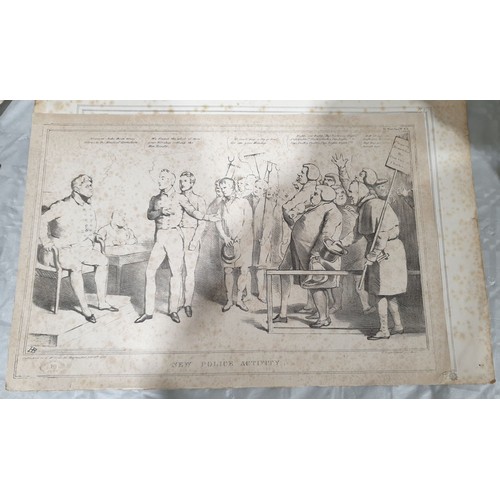 295 - Six 19th century political cartoons, two having collector's stamps, the largest 12