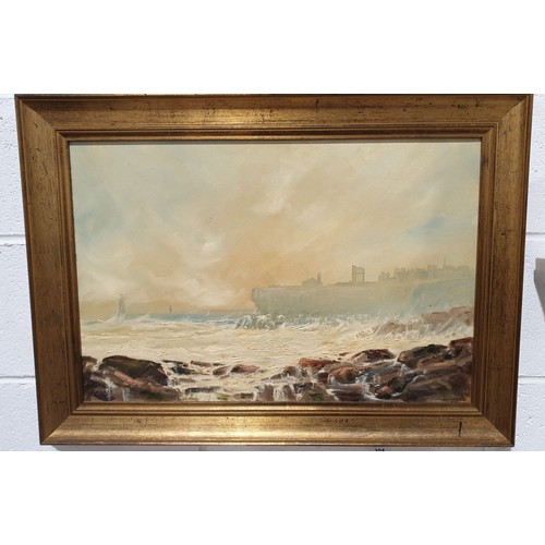 304 - An oil painting of a stormy port signed T. McArdle, 16