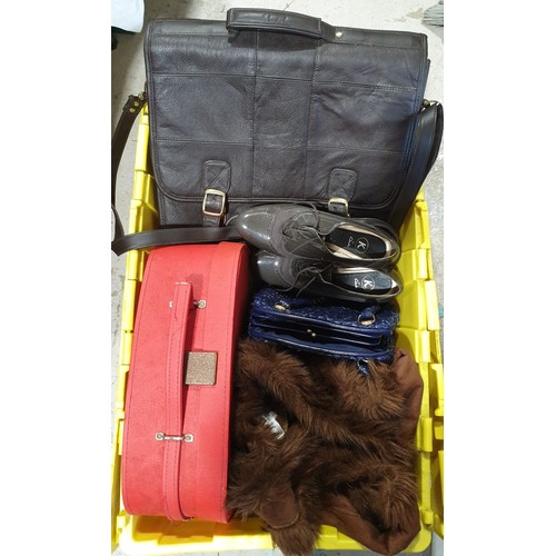 391 - A box of bags, a pair of Clarks shoes and a ladies jacket. UK shipping £14.