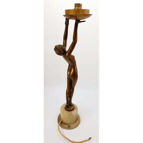 442 - A vintage bronzed spelter table lamp in the form of a naked lady, height 20.75