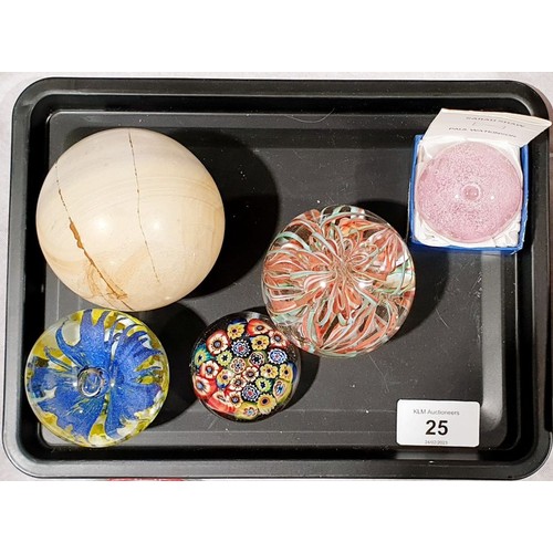 25 - Four paper weights including Millrace and a decorative marble ball. UK shipping £14.