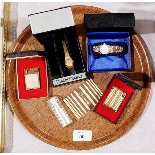 50 - A boxed Kingsway lady's lighter inlaid with mother of pearl, other lighters and watches. UK shipping... 