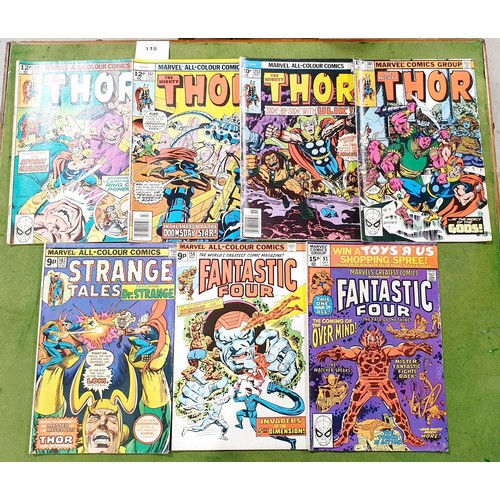 119 - Seven vintage Marvel comics including Thor and The Fantastic Four together with  four other Marvel g... 