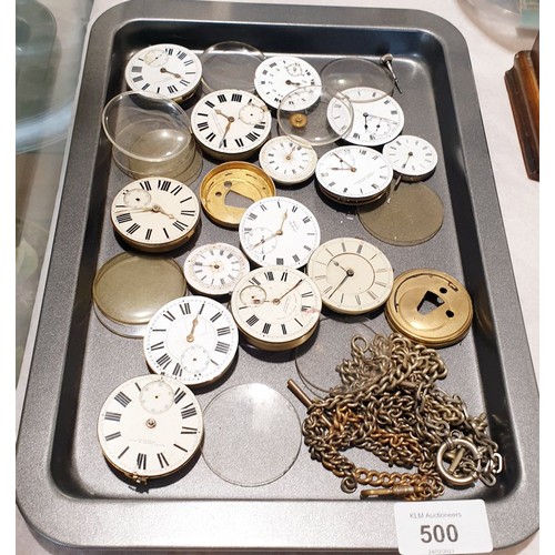 500 - Antique pocket watch movements and watch chains. UK shipping £14.