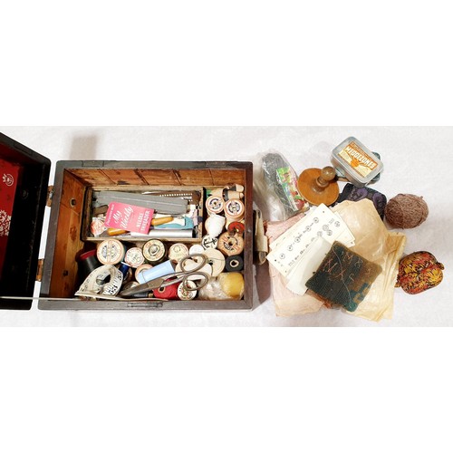 29 - A 19th century work box and contents, width 12