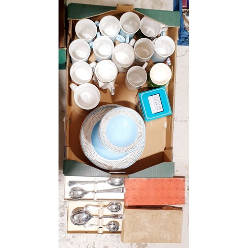 80 - A box including mugs and flatware. No shipping. Arrange collection or your own packer and shipper, p... 